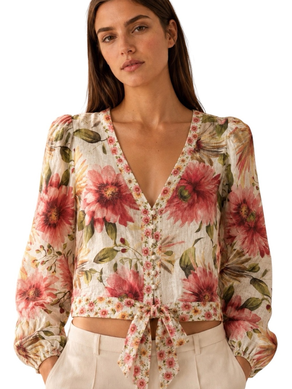 Truth by Republic Floral Print Tie-Front Cropped Blouse | Balloon Sleeves